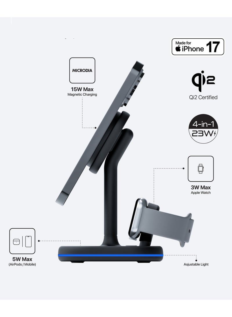 MICRODIA SNAPStation™  PRO 4-in-1 Magnetic Wireless Charging Station, 23W Fast Magsafe Charger Stand for iPhone , AirPods & Watch, Qi Certified Charging Dock – Black - Image 4